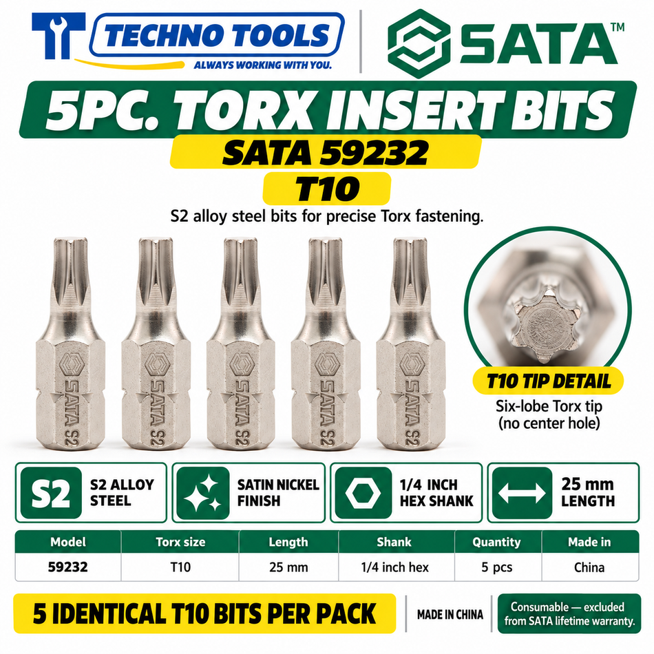 Buy SATA59231-59238 5Pc. 1/4" Hex Torx Insert Bits (T8-T40). Crafted from S2 alloy steel with a nickel finish for high torque. Sold individually.