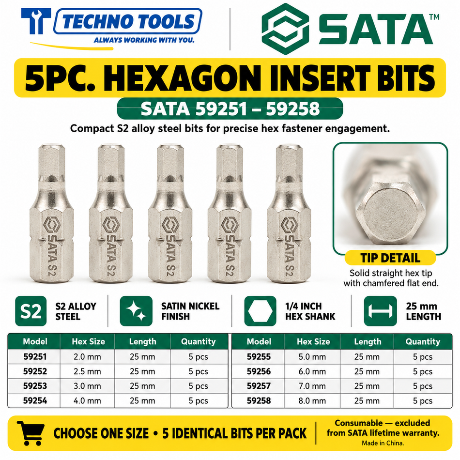 Buy SATA59251-59258 5Pc. 1/4" Hexagon Insert Bits (2mm-8mm). Durable S2 alloy steel with a nickel finish for high torque. Sold individually.