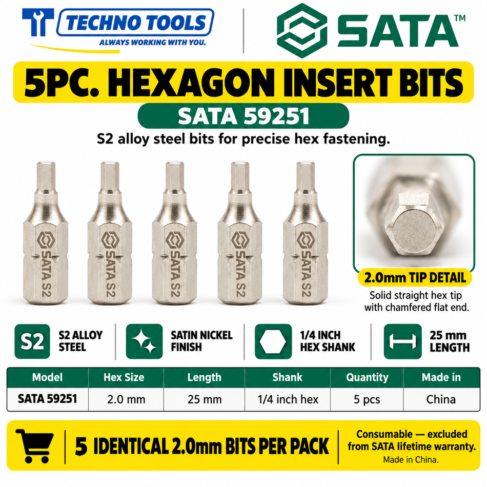 Buy SATA59251-59258 5Pc. 1/4" Hexagon Insert Bits (2mm-8mm). Durable S2 alloy steel with a nickel finish for high torque. Sold individually.