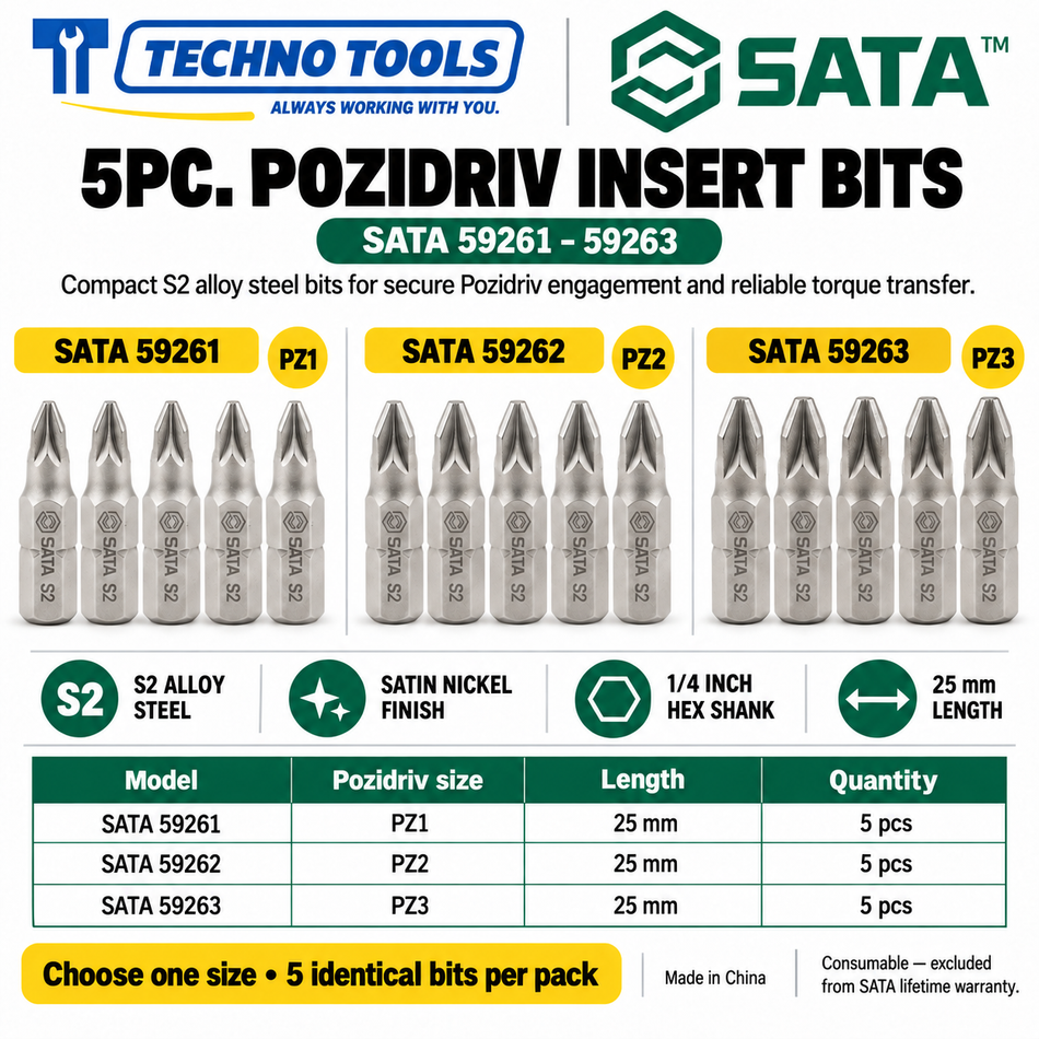 Buy SATA59261-59263 5Pc. 1/4" Hex Pozidriv Insert Bits (PZ#1-PZ#3). Durable S2 alloy steel with a nickel finish for high torque. Sold individually.