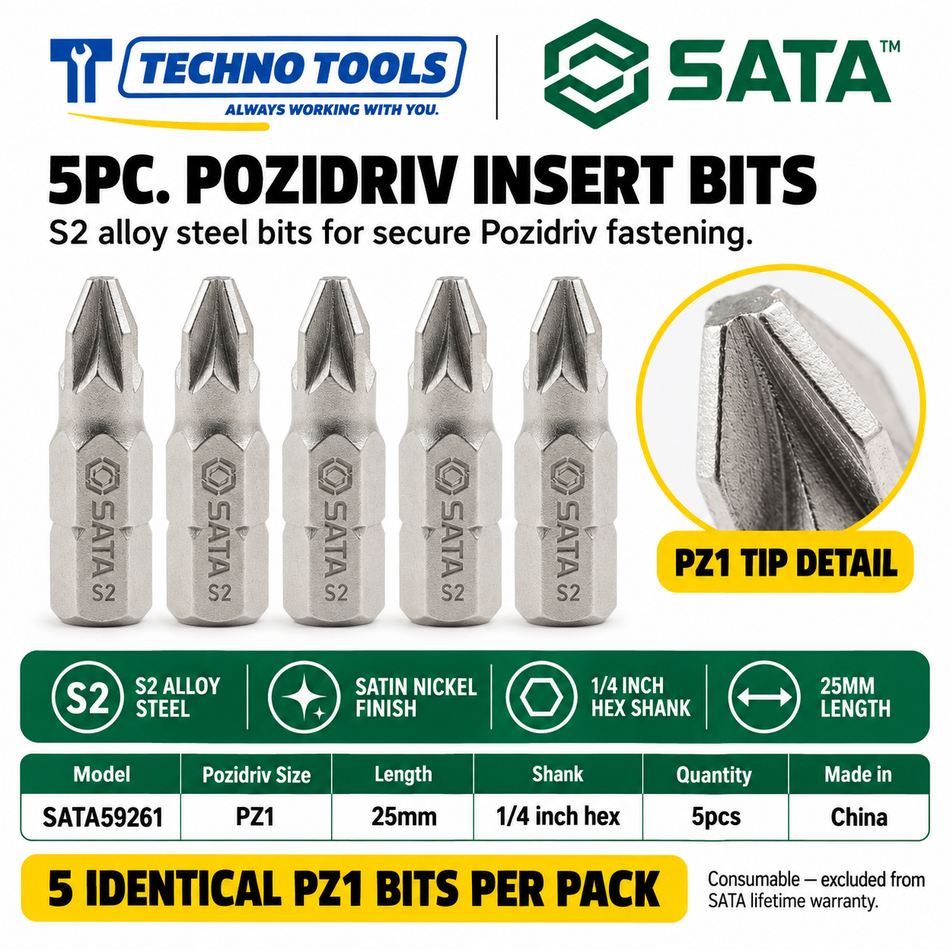 Buy SATA59261-59263 5Pc. 1/4" Hex Pozidriv Insert Bits (PZ#1-PZ#3). Durable S2 alloy steel with a nickel finish for high torque. Sold individually.