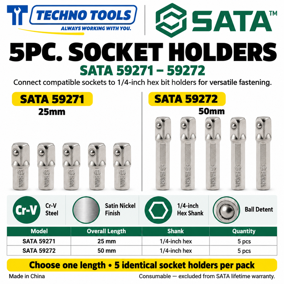 Buy SATA59271-59272 5Pc. 1/4" Hex Shank Socket Holders (25mm & 50mm). Durable Cr-V steel with a satin nickel finish. Sold individually.