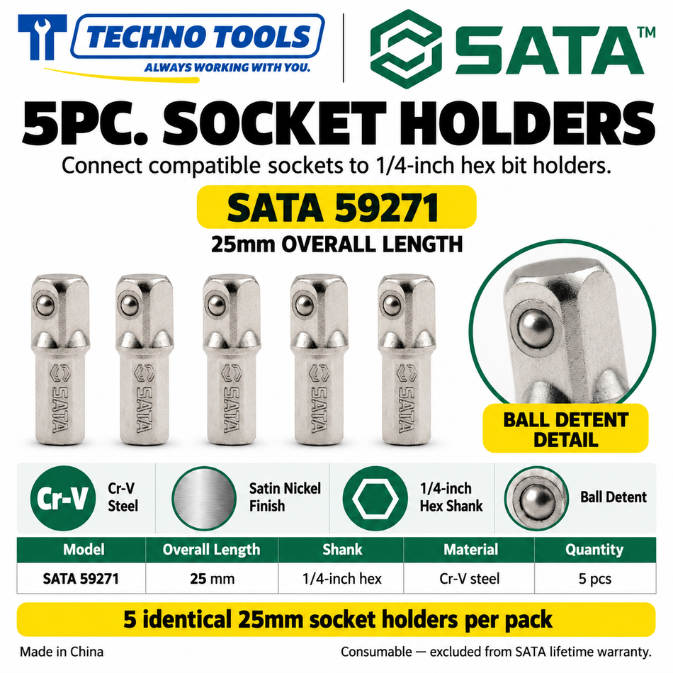 Buy SATA59271-59272 5Pc. 1/4" Hex Shank Socket Holders (25mm & 50mm). Durable Cr-V steel with a satin nickel finish. Sold individually.
