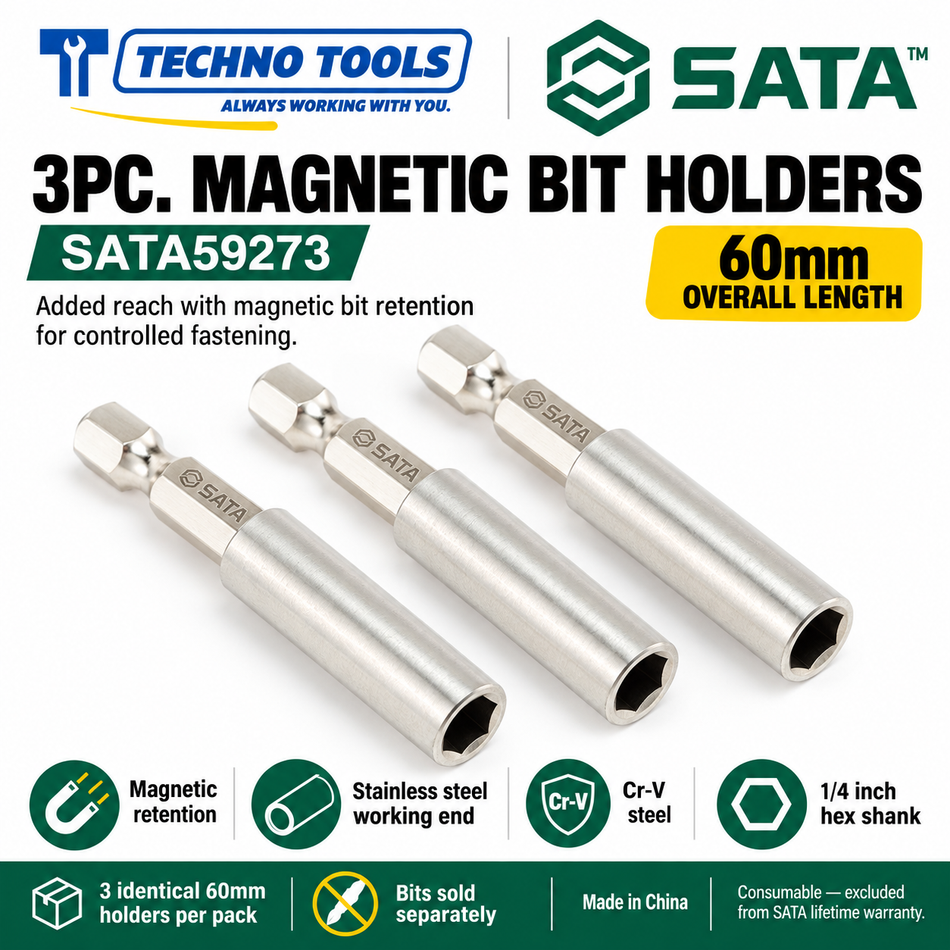Buy SATA59273 3Pc. 1/4" Hex Shank Magnetic Bit Holder (60mm). Strong magnetism with durable Cr-V steel and satin nickel finish. Sold individually.