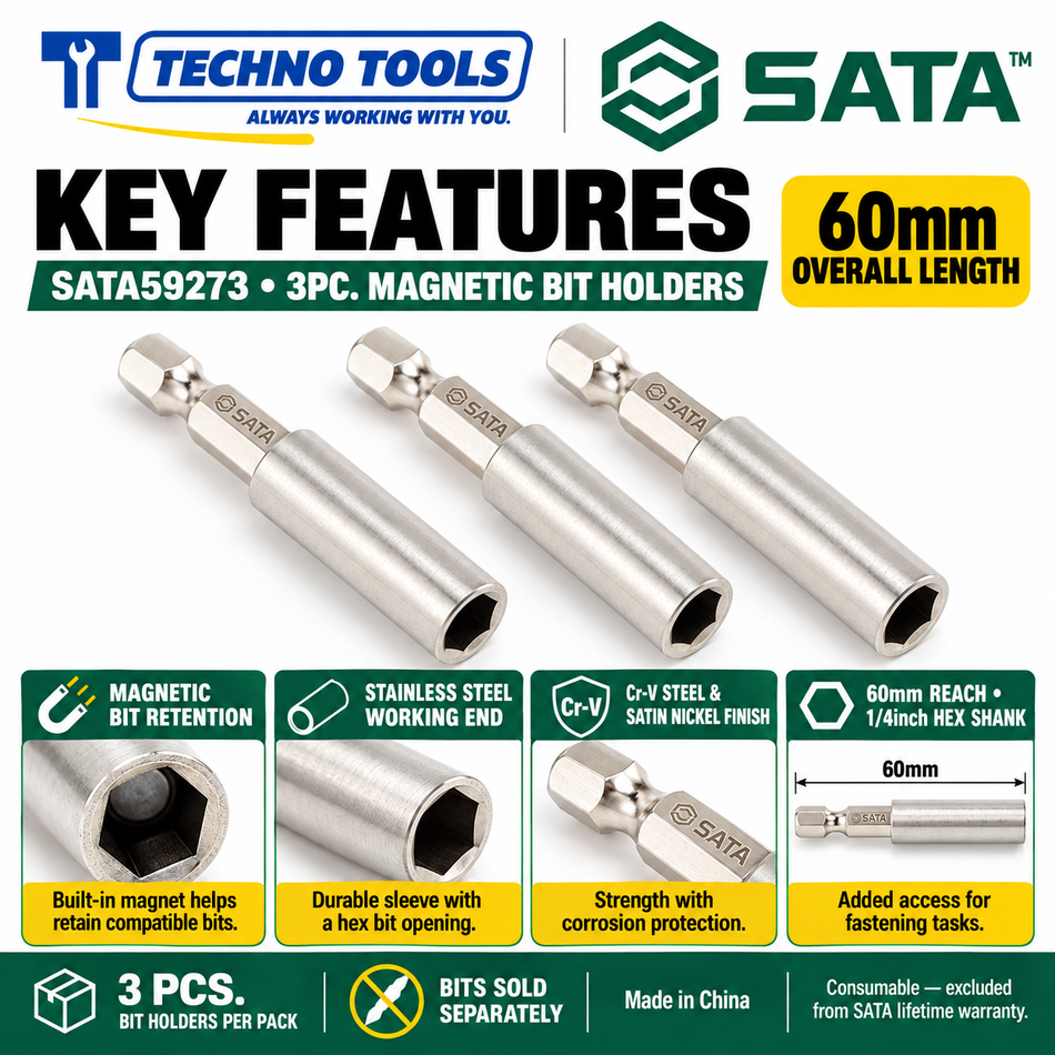 Buy SATA59273 3Pc. 1/4" Hex Shank Magnetic Bit Holder (60mm). Strong magnetism with durable Cr-V steel and satin nickel finish. Sold individually.