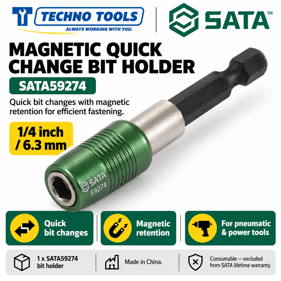 Buy SATA59274 1/4" Magnetic Quick Change Pneumatic Bit Holder. Fast, one-handed bit changes with strong magnetic retention for power and pneumatic tools.