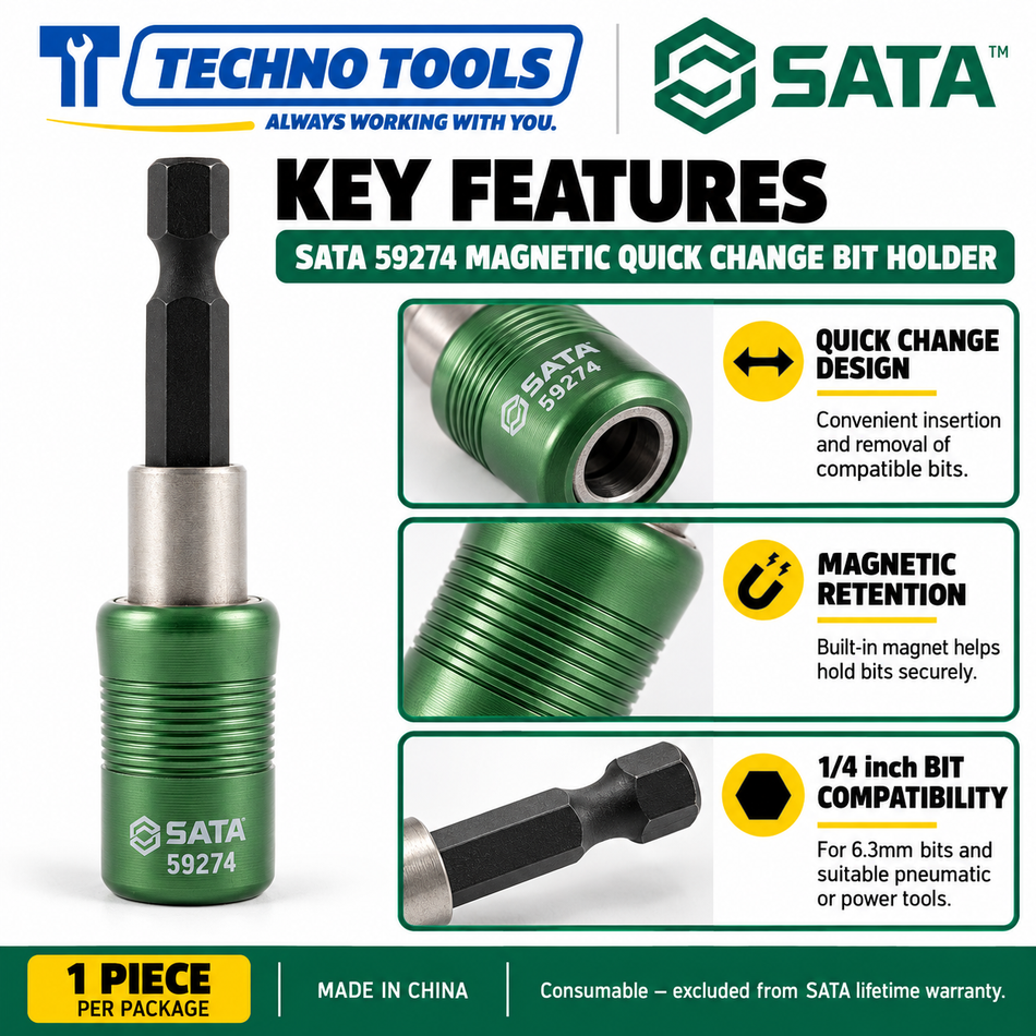 Buy SATA59274 1/4" Magnetic Quick Change Pneumatic Bit Holder. Fast, one-handed bit changes with strong magnetic retention for power and pneumatic tools.