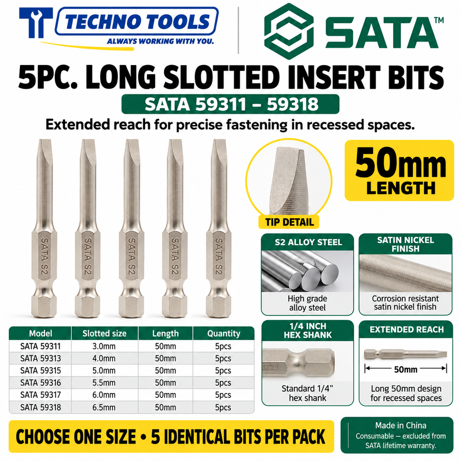 Buy SATA59311-59318 5Pc. 1/4" Hex 50mm Long Slotted Bits (3mm-6.5mm). Durable S2 alloy steel with a nickel finish for high torque. Sold individually.