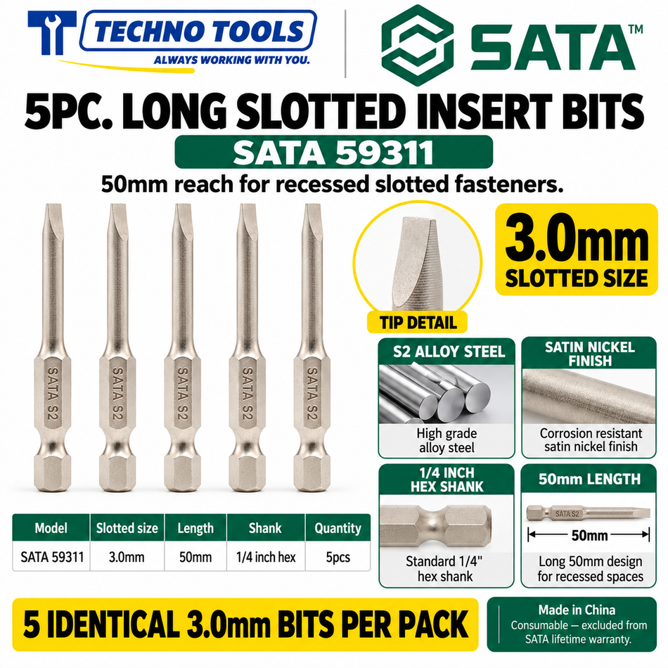 Buy SATA59311-59318 5Pc. 1/4" Hex 50mm Long Slotted Bits (3mm-6.5mm). Durable S2 alloy steel with a nickel finish for high torque. Sold individually.