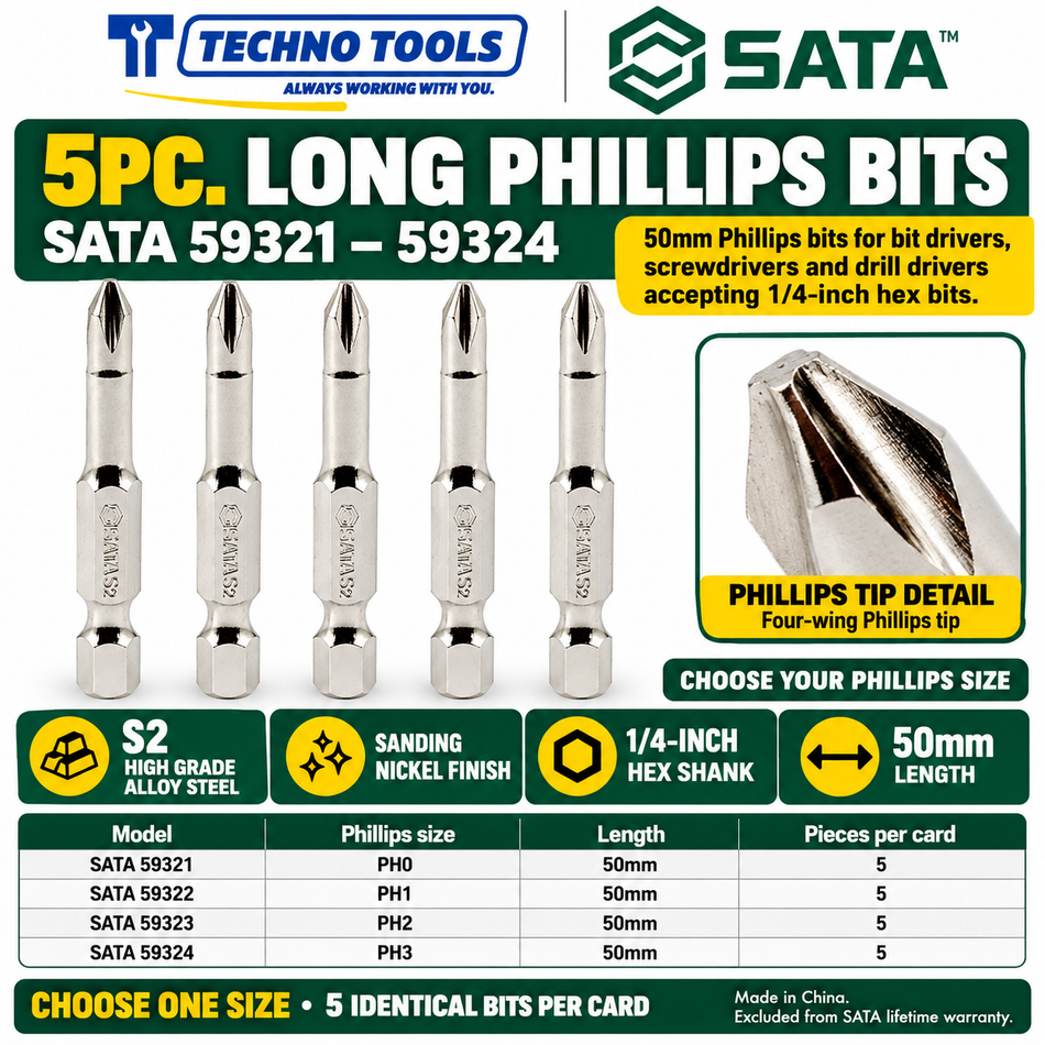 Shop SATA 59321-59324 5Pc. 1/4 inch hex shank Phillips bits, 50mm, #0 to #3. S2 alloy steel with sanding nickel finish.