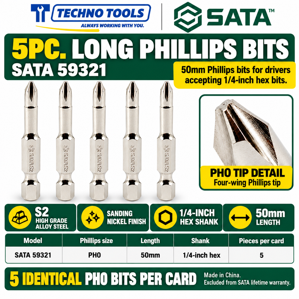 Shop SATA 59321-59324 5Pc. 1/4 inch hex shank Phillips bits, 50mm, #0 to #3. S2 alloy steel with sanding nickel finish.
