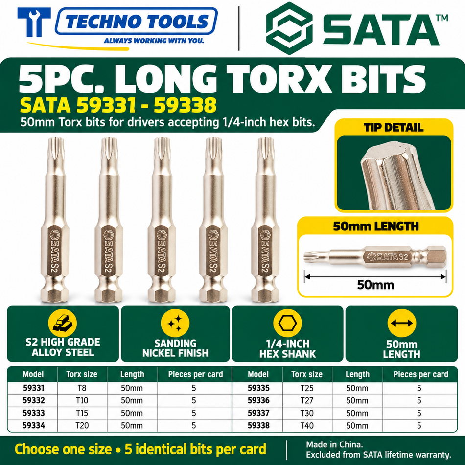 Shop SATA 59331-59338 5Pc. 1/4 inch hex shank Torx bits, 50mm, T8 to T40. S2 alloy steel with sanding nickel finish.
