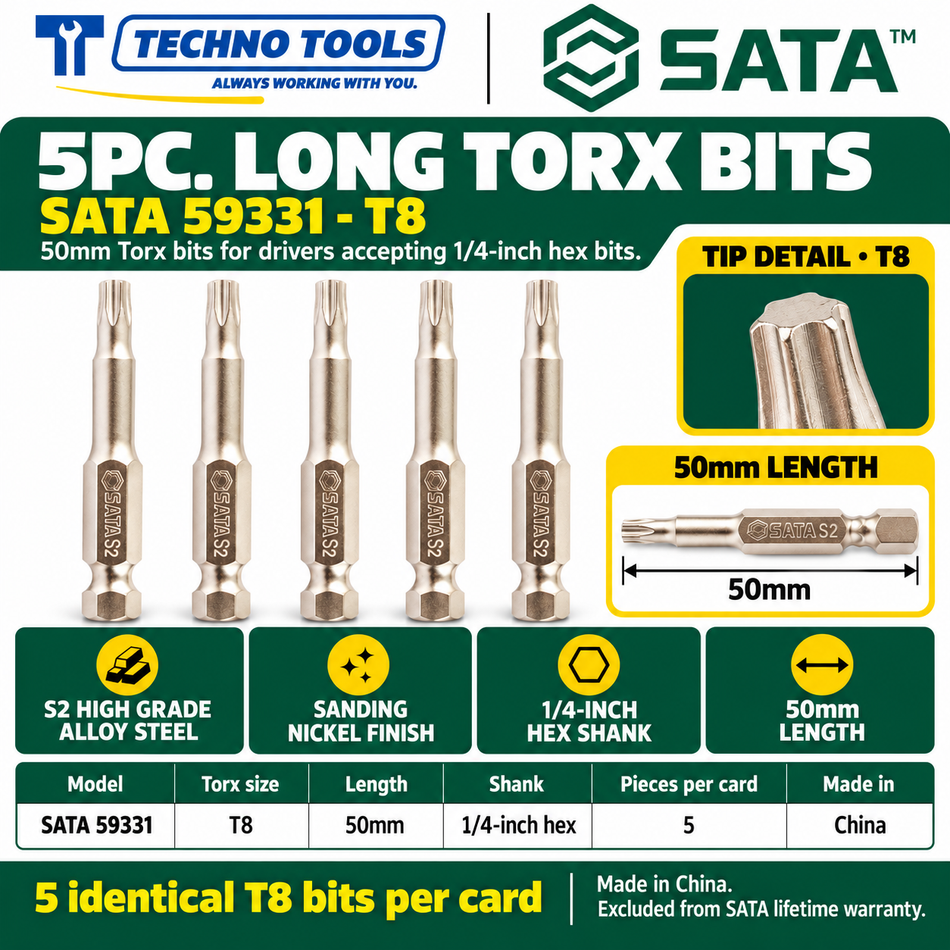 Shop SATA 59331-59338 5Pc. 1/4 inch hex shank Torx bits, 50mm, T8 to T40. S2 alloy steel with sanding nickel finish.