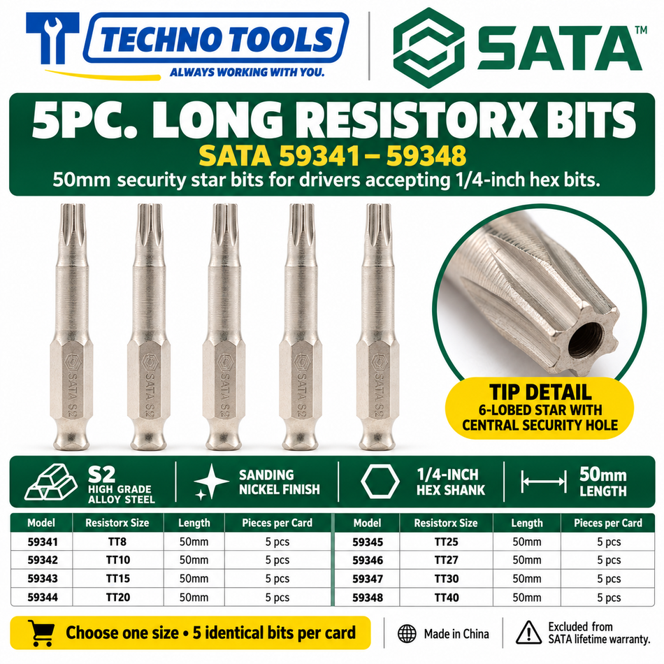 Shop SATA 59341-59348 5Pc. 1/4 inch hex shank Resistorx bits, 50mm, TT8 to TT40. S2 alloy steel, sanding nickel finish.