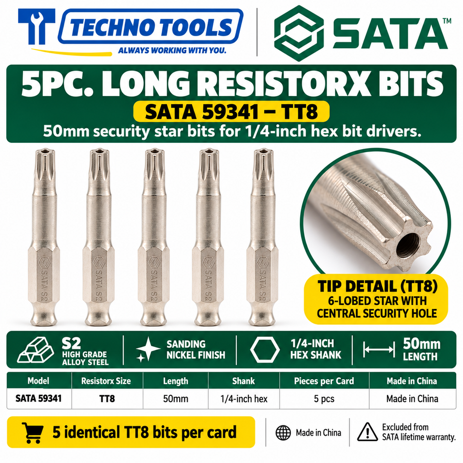 Shop SATA 59341-59348 5Pc. 1/4 inch hex shank Resistorx bits, 50mm, TT8 to TT40. S2 alloy steel, sanding nickel finish.