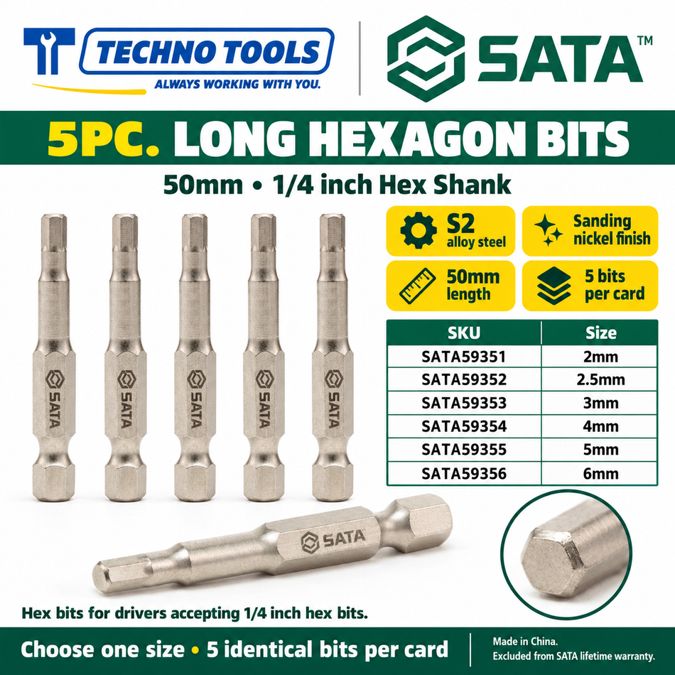 Shop SATA 59351-59356 5Pc. 1/4 inch hex shank hexagon bits, 50mm, 2mm to 6mm. S2 alloy steel with sanding nickel finish.