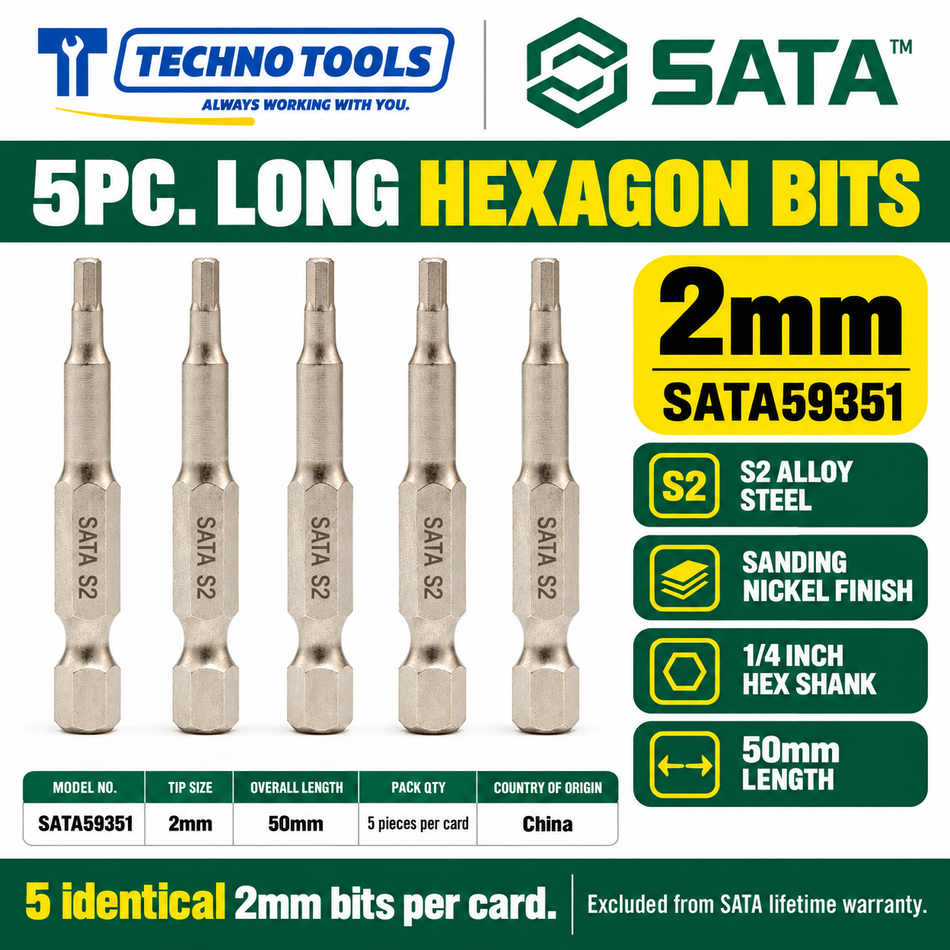Shop SATA 59351-59356 5Pc. 1/4 inch hex shank hexagon bits, 50mm, 2mm to 6mm. S2 alloy steel with sanding nickel finish.
