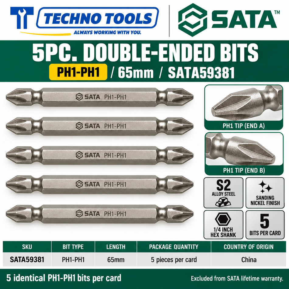 Shop SATA 59381-59393 5Pc. 1/4 inch hex shank double-ended bits, 65mm and 110mm. PH1 to PH3 tips. S2 alloy steel.
