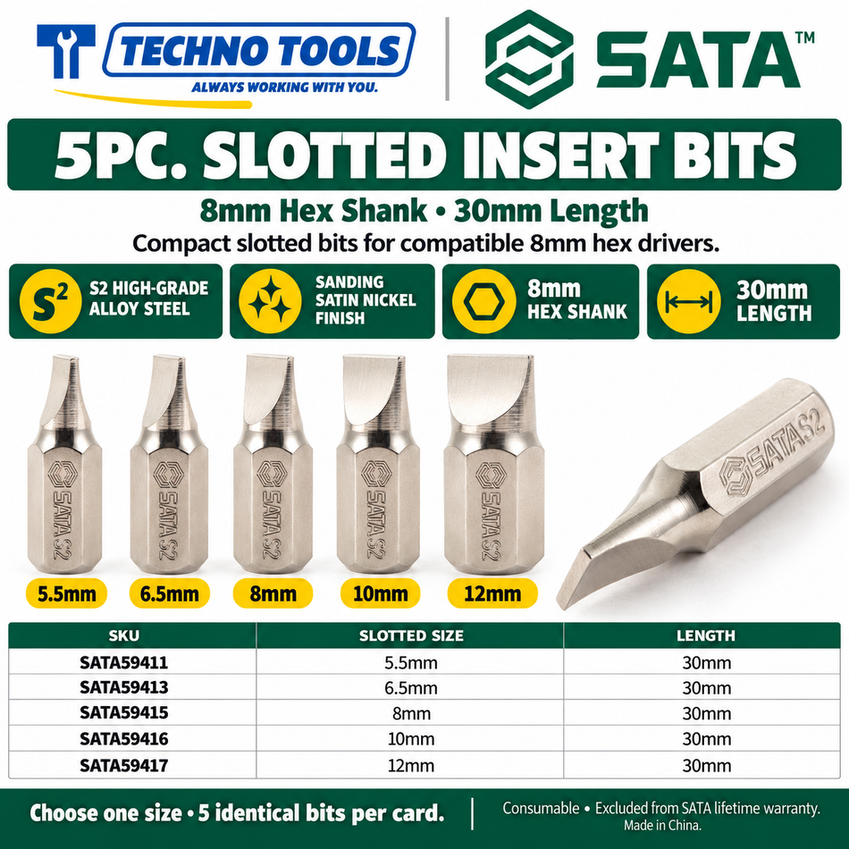 Buy SATA59411-59417 5Pc. 8mm Hex Slotted Insert Bits (5.5mm-12mm). Durable S2 alloy steel with a nickel finish for high torque. Sold individually.