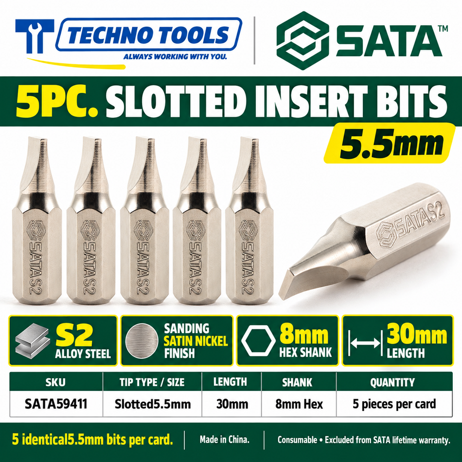 Buy SATA59411-59417 5Pc. 8mm Hex Slotted Insert Bits (5.5mm-12mm). Durable S2 alloy steel with a nickel finish for high torque. Sold individually.