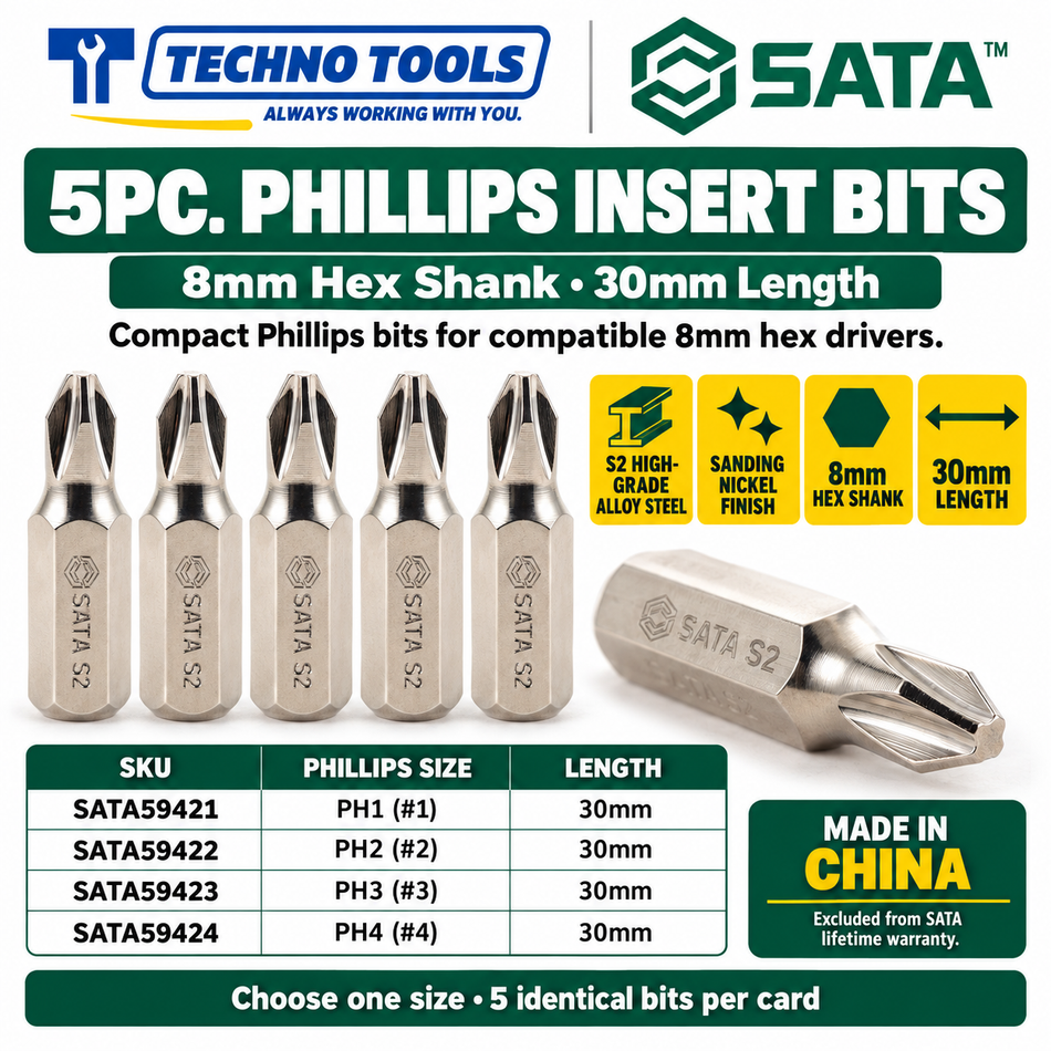 Shop SATA 59421-59424 5Pc. 8mm hex shank Phillips bits, 30mm, #1 to #4. S2 alloy steel with sanding nickel finish.