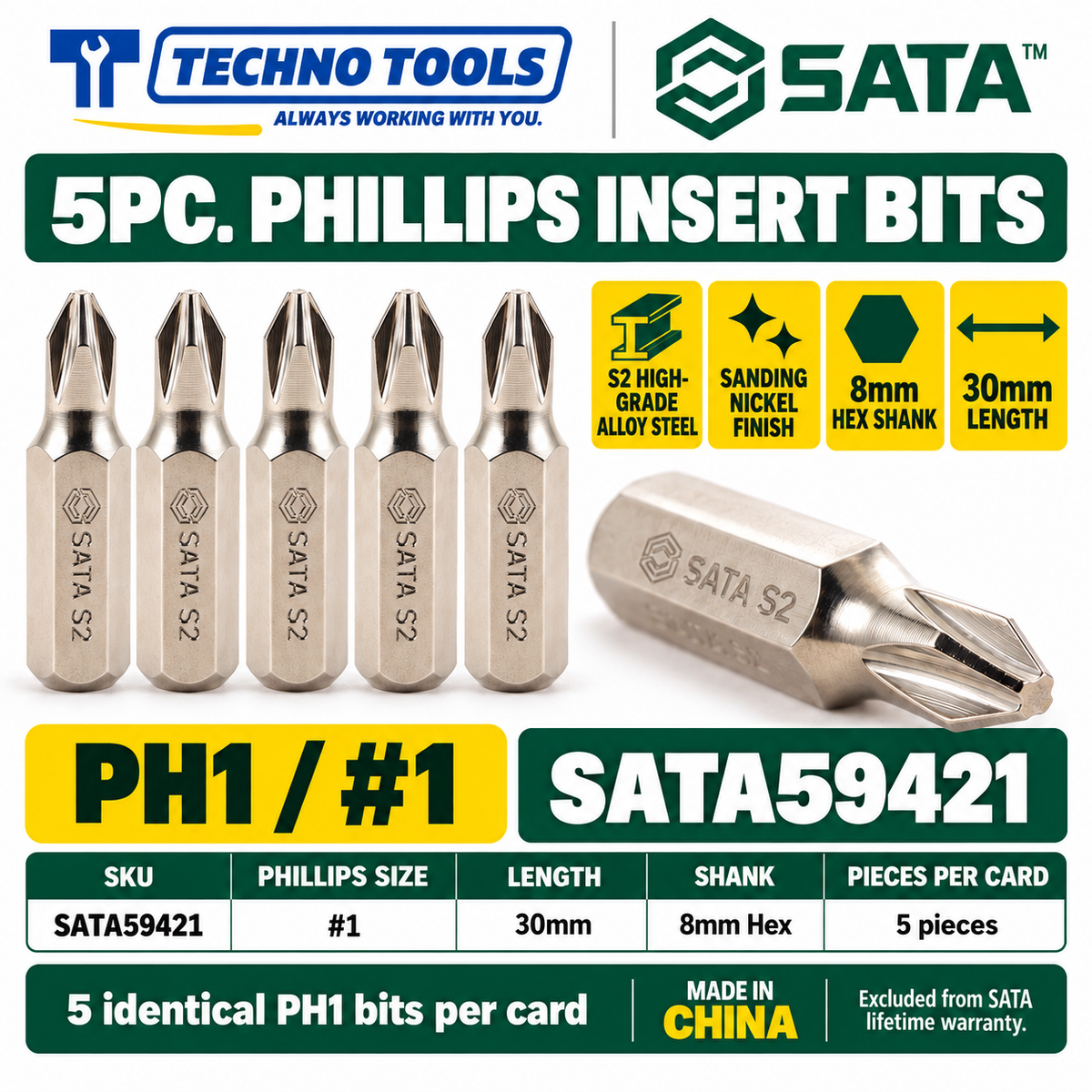 Shop SATA 59421-59424 5Pc. 8mm hex shank Phillips bits, 30mm, #1 to #4. S2 alloy steel with sanding nickel finish.