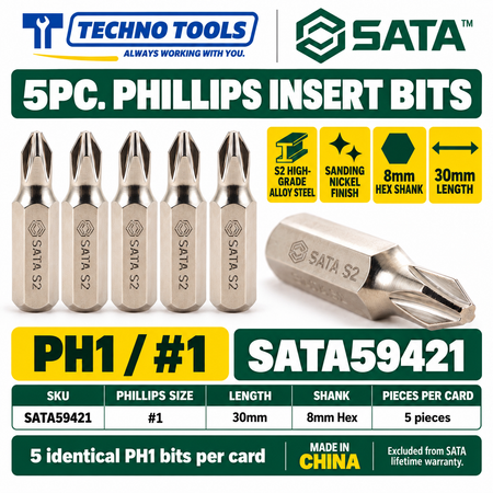 Shop SATA 59421-59424 5Pc. 8mm hex shank Phillips bits, 30mm, #1 to #4. S2 alloy steel with sanding nickel finish.
