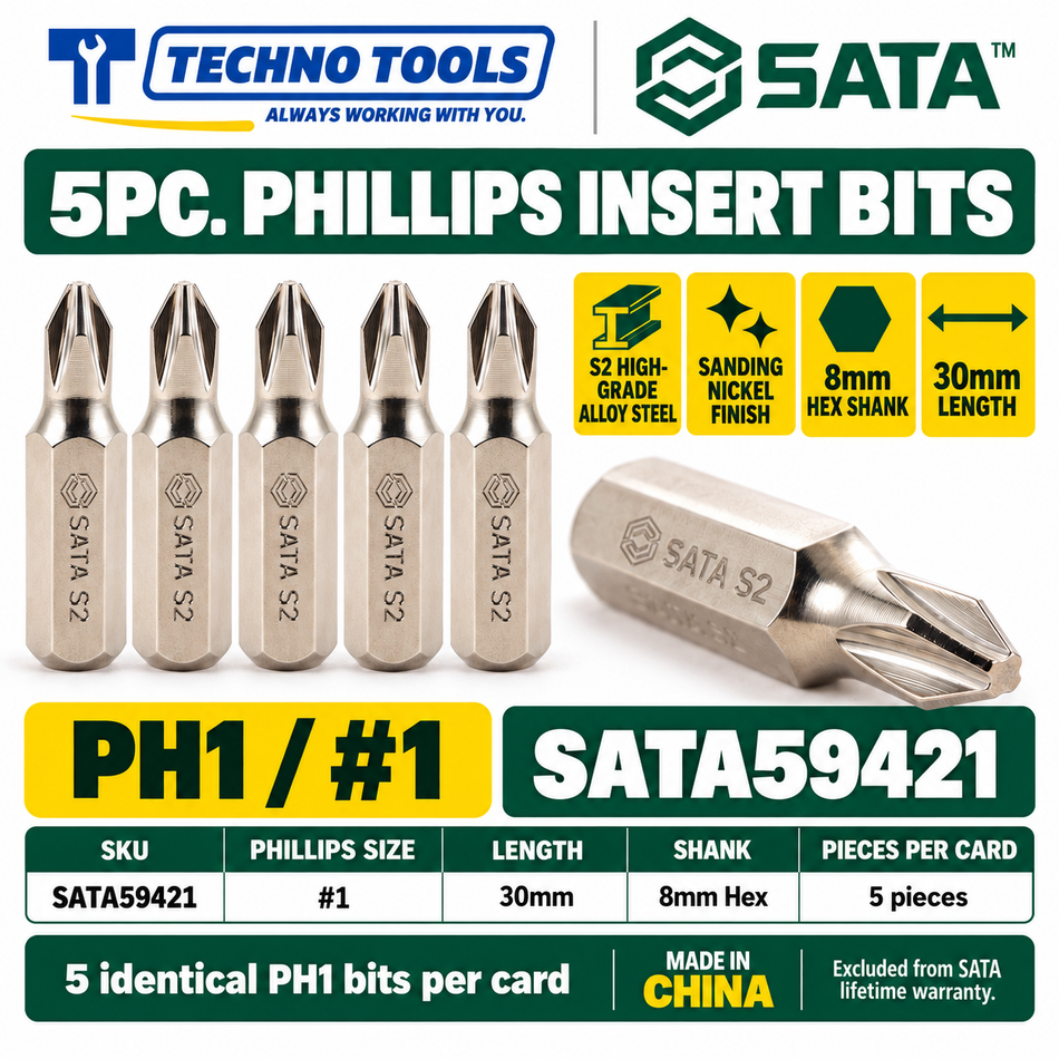 Shop SATA 59421-59424 5Pc. 8mm hex shank Phillips bits, 30mm, #1 to #4. S2 alloy steel with sanding nickel finish.