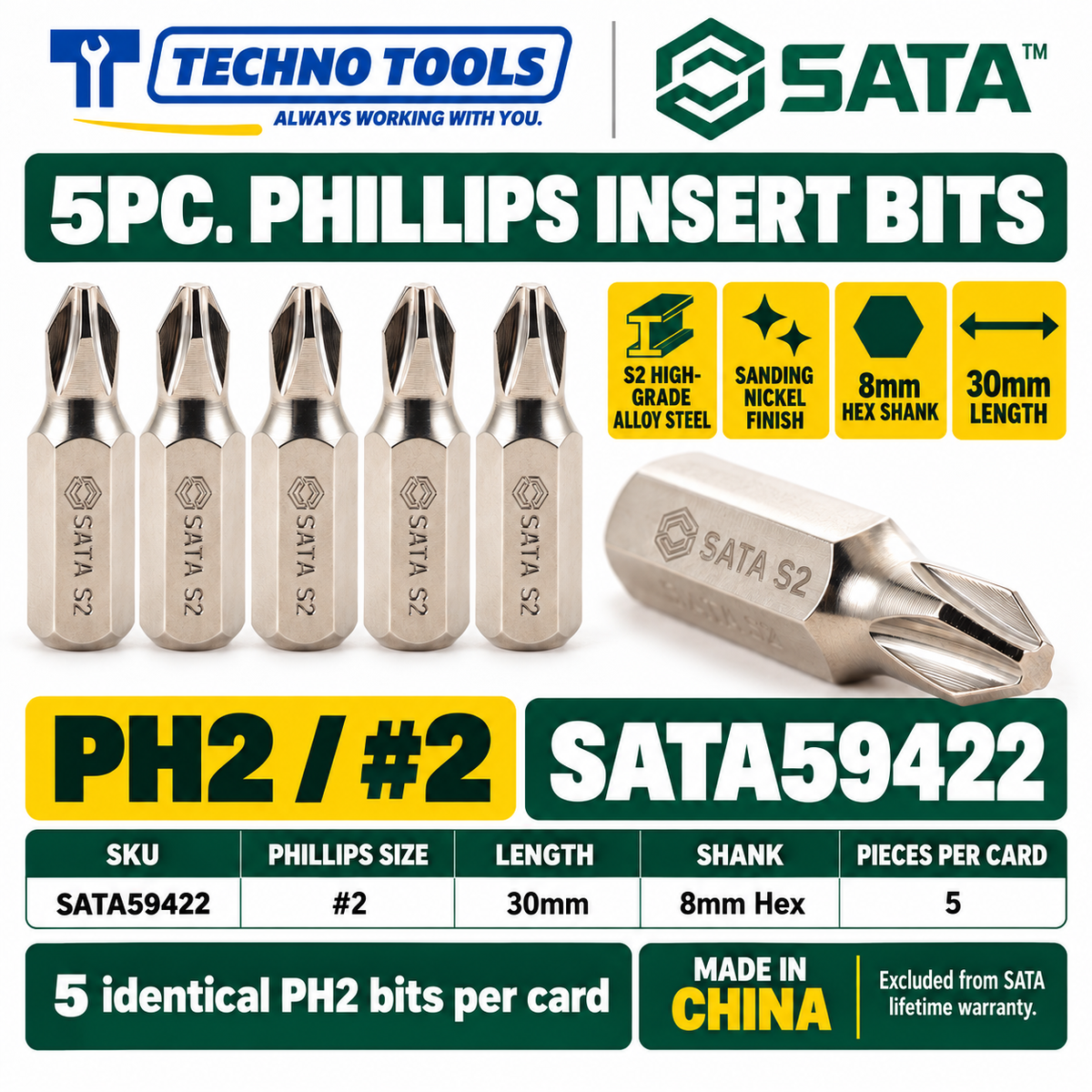 Shop SATA 59421-59424 5Pc. 8mm hex shank Phillips bits, 30mm, #1 to #4. S2 alloy steel with sanding nickel finish.