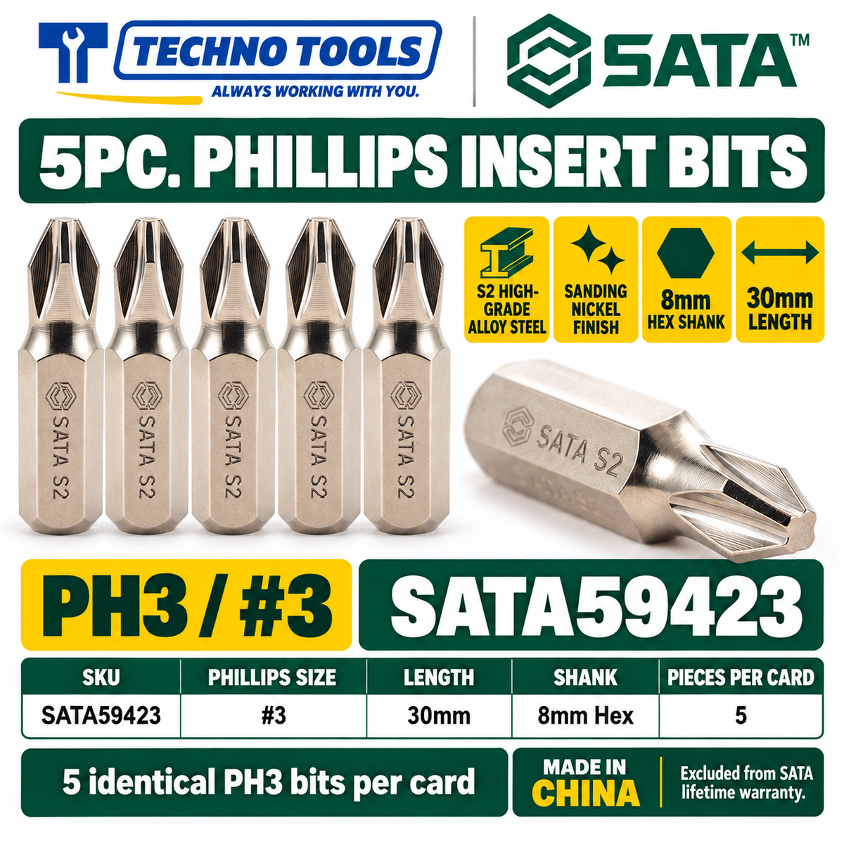 Shop SATA 59421-59424 5Pc. 8mm hex shank Phillips bits, 30mm, #1 to #4. S2 alloy steel with sanding nickel finish.