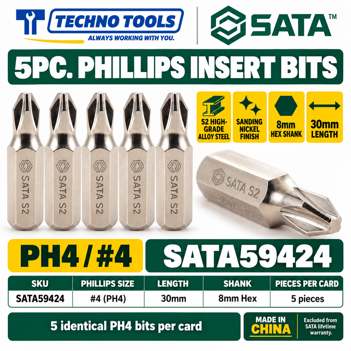 Shop SATA 59421-59424 5Pc. 8mm hex shank Phillips bits, 30mm, #1 to #4. S2 alloy steel with sanding nickel finish.
