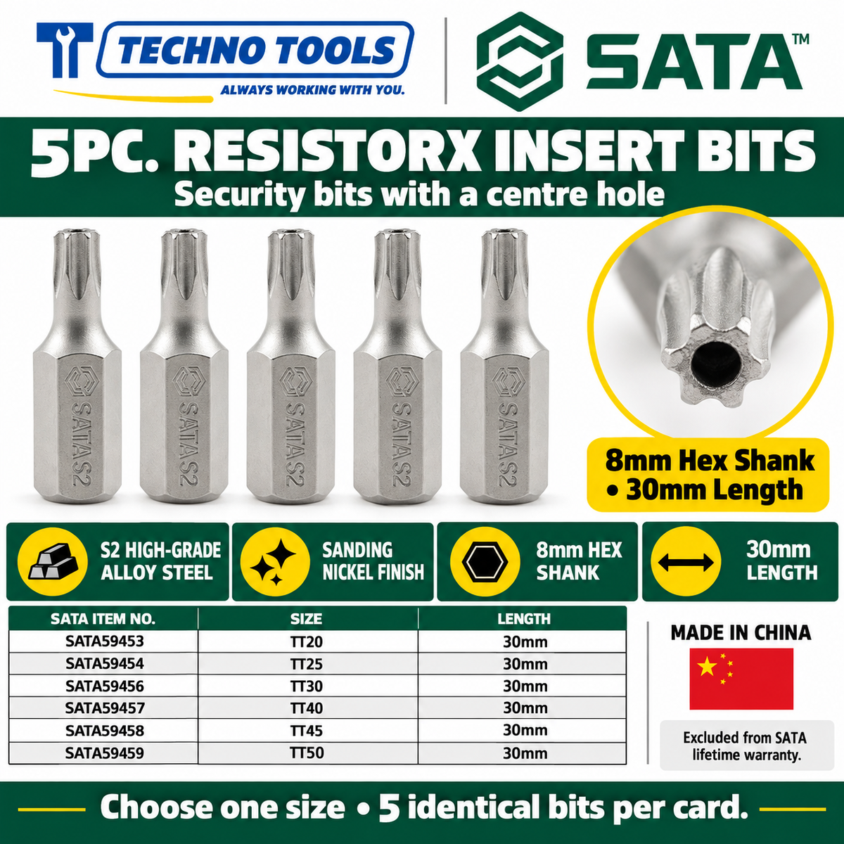 Shop SATA 59453-59459 5Pc. 8mm hex shank Resistorx bits, 30mm, TT20 to TT50. S2 alloy steel, sanding nickel finish.