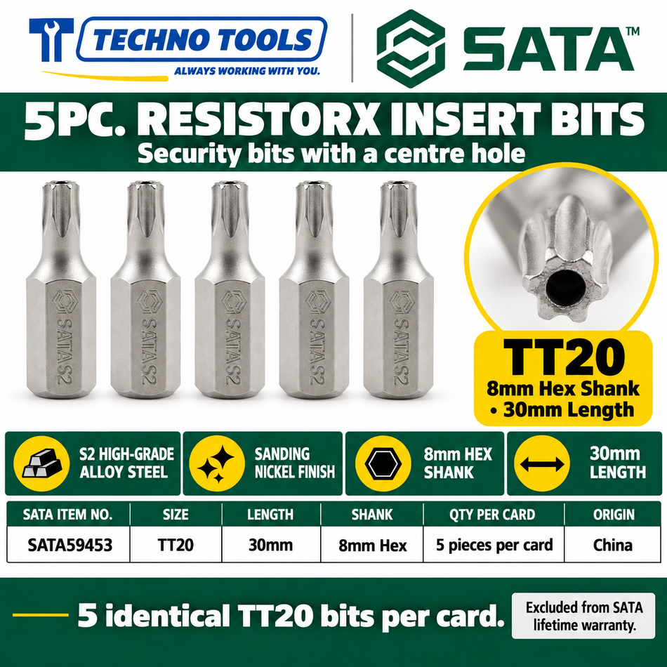 Shop SATA 59453-59459 5Pc. 8mm hex shank Resistorx bits, 30mm, TT20 to TT50. S2 alloy steel, sanding nickel finish.