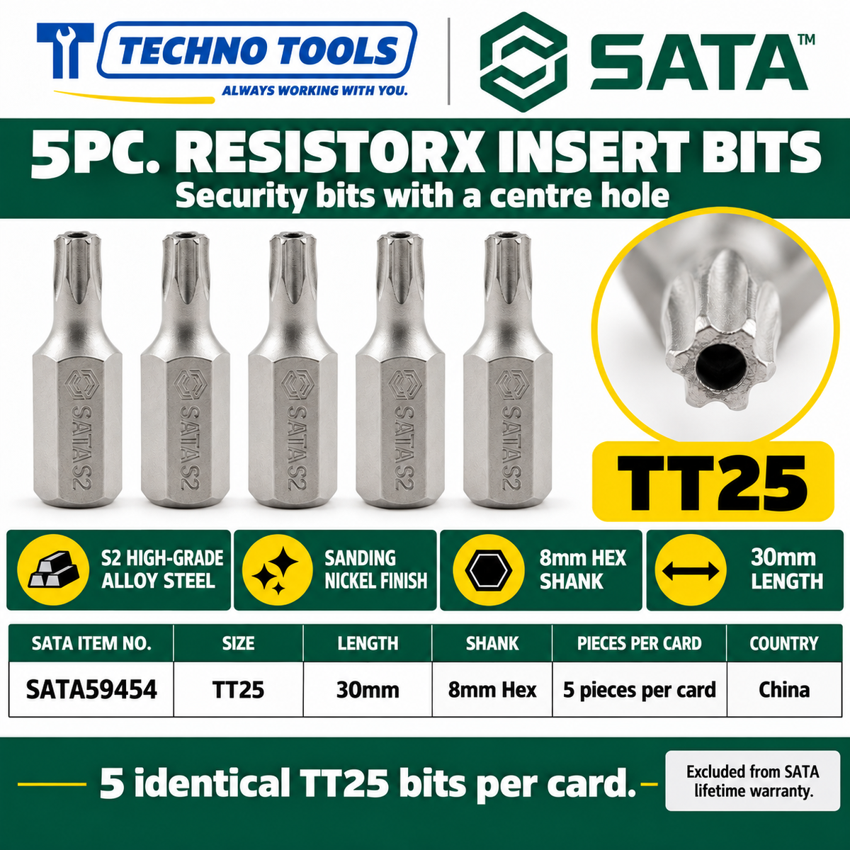 Shop SATA 59453-59459 5Pc. 8mm hex shank Resistorx bits, 30mm, TT20 to TT50. S2 alloy steel, sanding nickel finish.