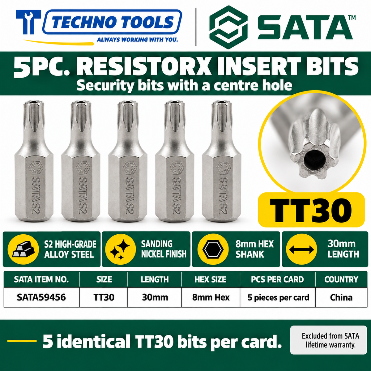 Shop SATA 59453-59459 5Pc. 8mm hex shank Resistorx bits, 30mm, TT20 to TT50. S2 alloy steel, sanding nickel finish.