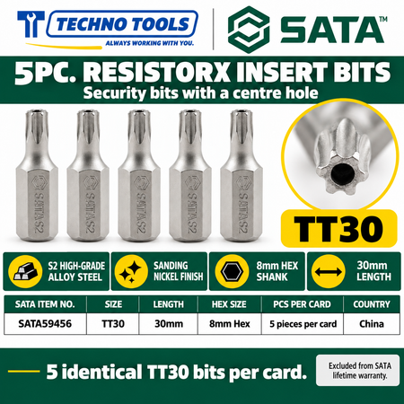 Shop SATA 59453-59459 5Pc. 8mm hex shank Resistorx bits, 30mm, TT20 to TT50. S2 alloy steel, sanding nickel finish.