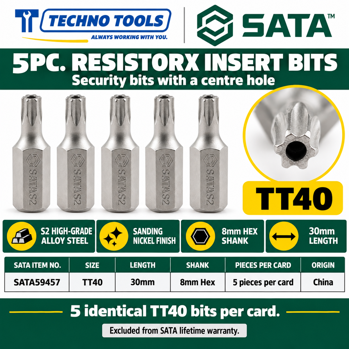 Shop SATA 59453-59459 5Pc. 8mm hex shank Resistorx bits, 30mm, TT20 to TT50. S2 alloy steel, sanding nickel finish.