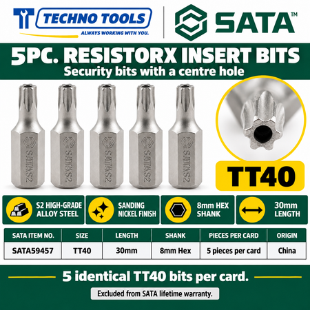 Shop SATA 59453-59459 5Pc. 8mm hex shank Resistorx bits, 30mm, TT20 to TT50. S2 alloy steel, sanding nickel finish.