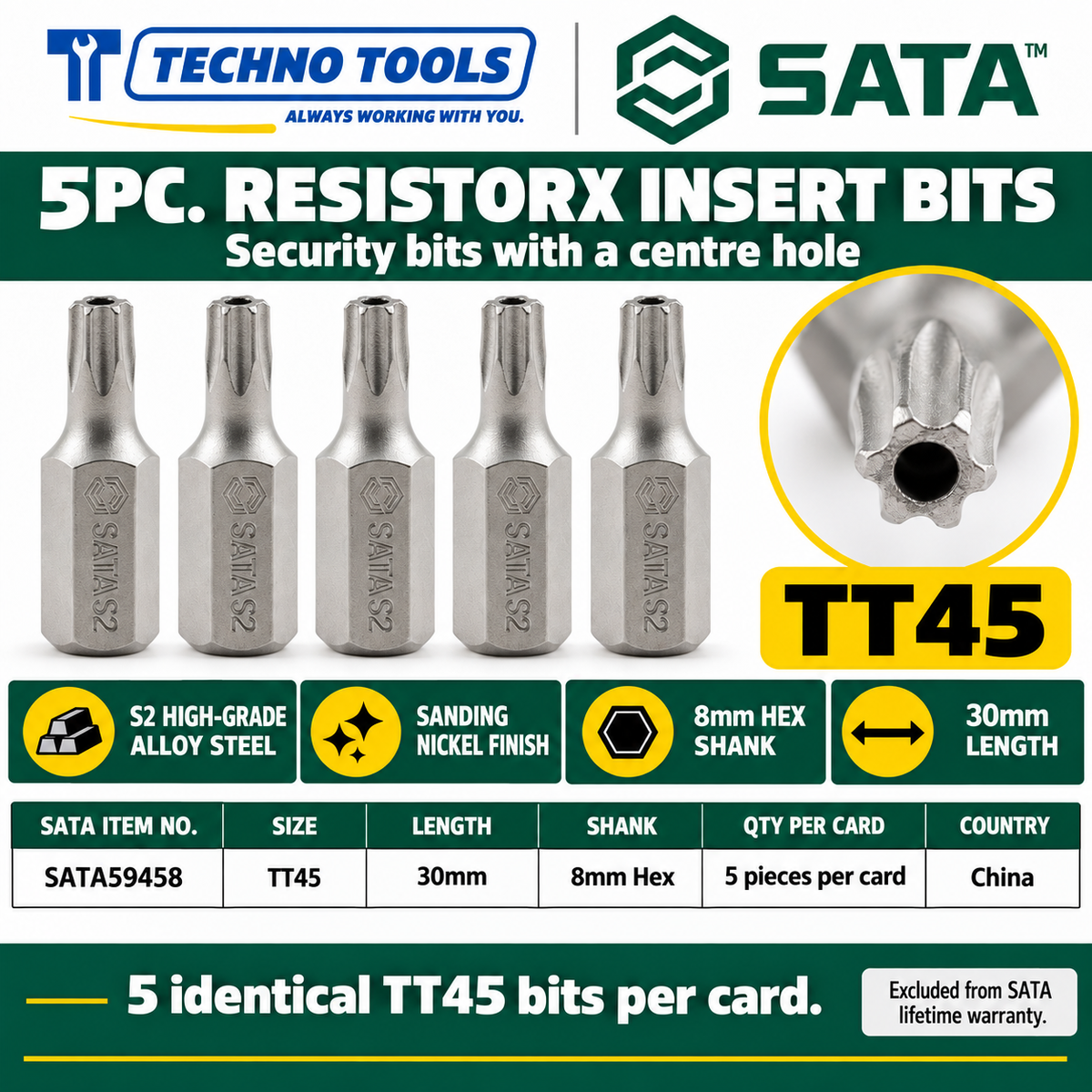 Shop SATA 59453-59459 5Pc. 8mm hex shank Resistorx bits, 30mm, TT20 to TT50. S2 alloy steel, sanding nickel finish.
