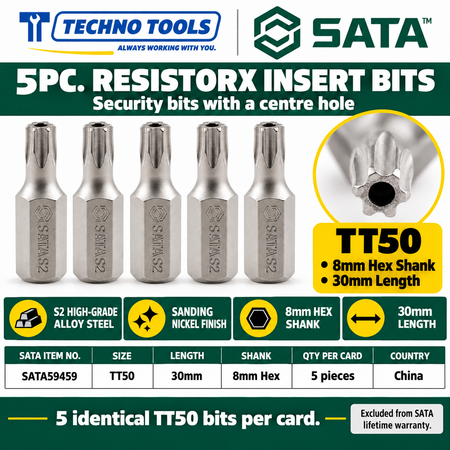 Shop SATA 59453-59459 5Pc. 8mm hex shank Resistorx bits, 30mm, TT20 to TT50. S2 alloy steel, sanding nickel finish.