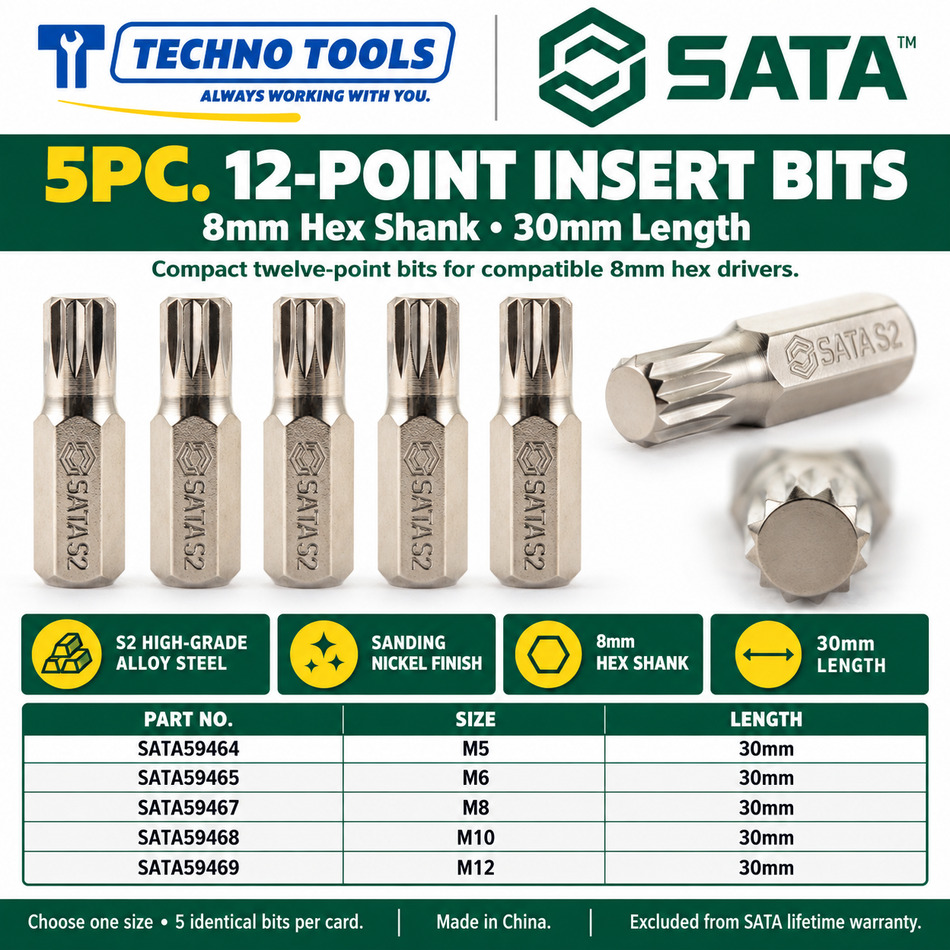 Shop SATA 59464-59469 5Pc. 8mm hex shank 12pt. bits, 30mm, M5 to M12. S2 alloy steel with sanding nickel finish.
