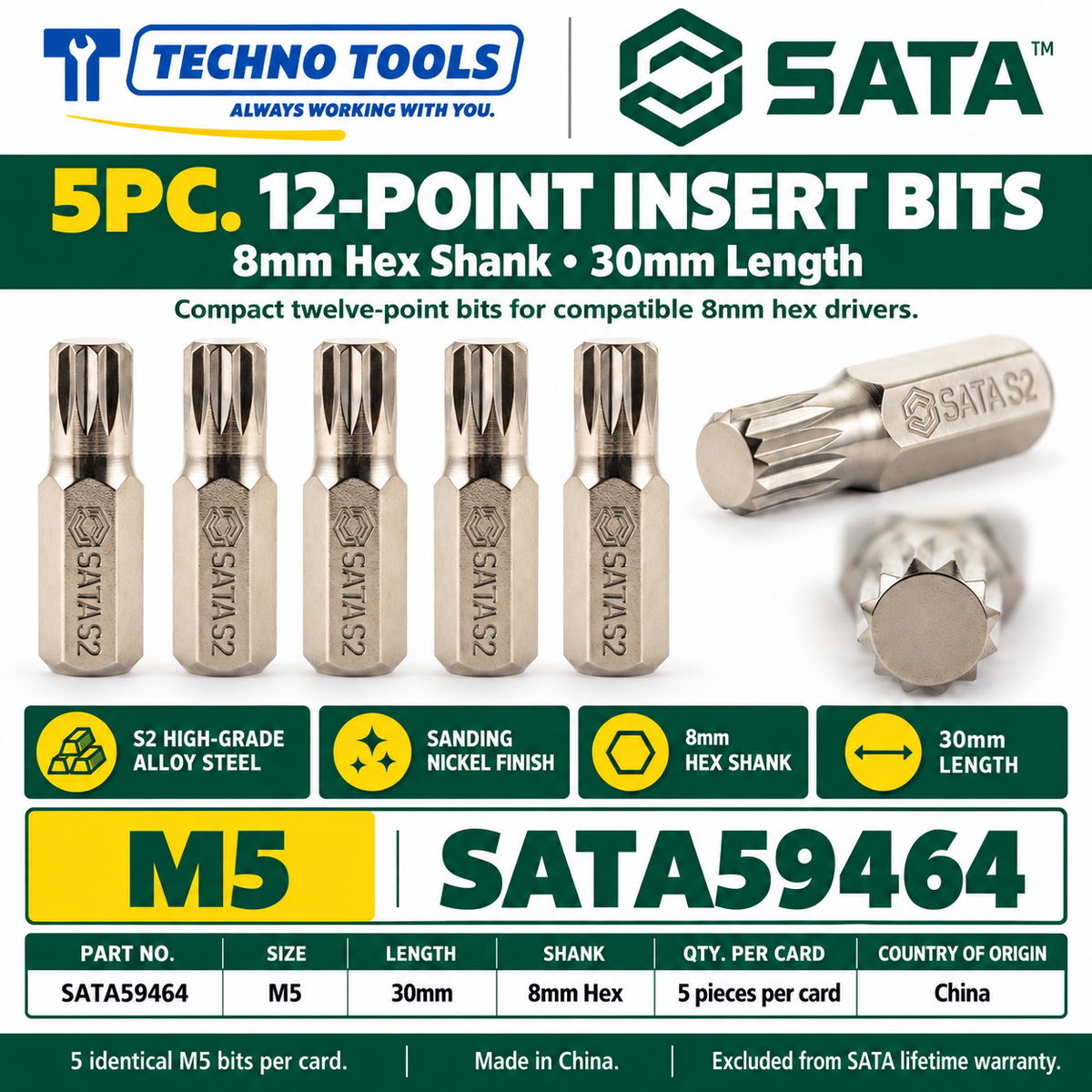 Shop SATA 59464-59469 5Pc. 8mm hex shank 12pt. bits, 30mm, M5 to M12. S2 alloy steel with sanding nickel finish.