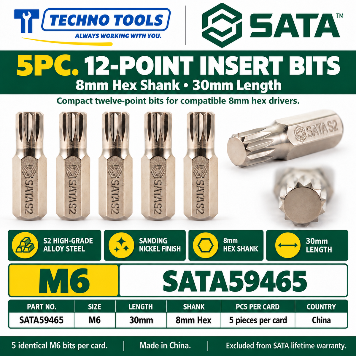 Shop SATA 59464-59469 5Pc. 8mm hex shank 12pt. bits, 30mm, M5 to M12. S2 alloy steel with sanding nickel finish.
