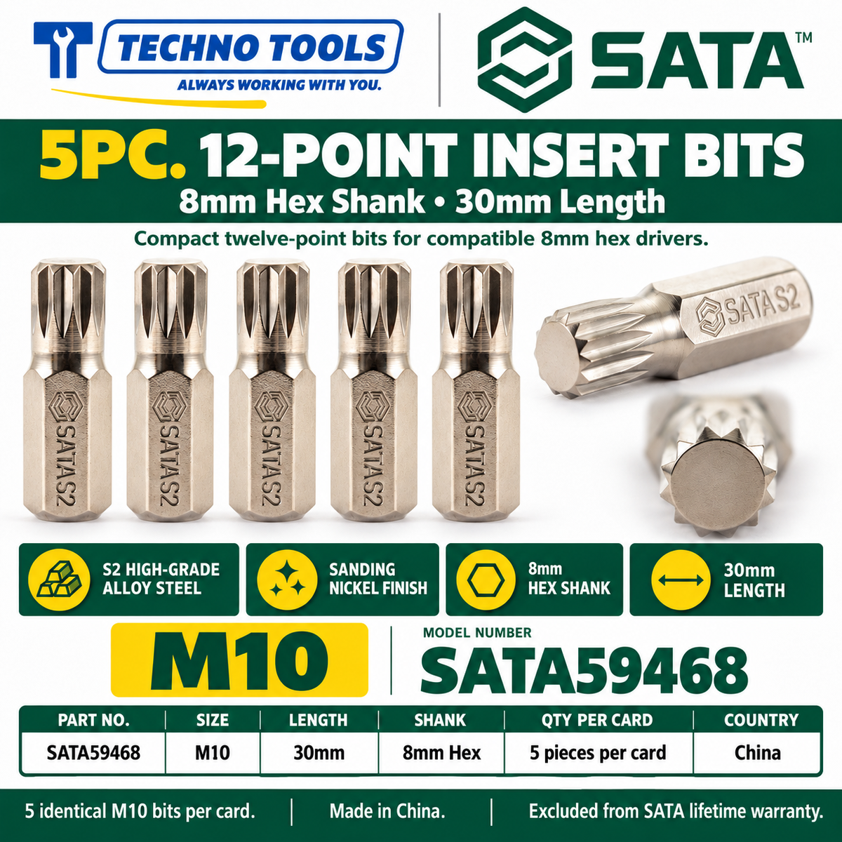 Shop SATA 59464-59469 5Pc. 8mm hex shank 12pt. bits, 30mm, M5 to M12. S2 alloy steel with sanding nickel finish.