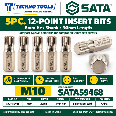 Shop SATA 59464-59469 5Pc. 8mm hex shank 12pt. bits, 30mm, M5 to M12. S2 alloy steel with sanding nickel finish.