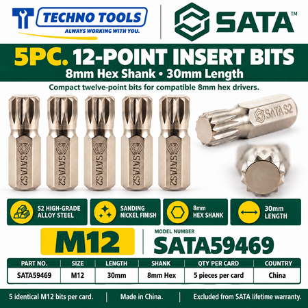 Shop SATA 59464-59469 5Pc. 8mm hex shank 12pt. bits, 30mm, M5 to M12. S2 alloy steel with sanding nickel finish.