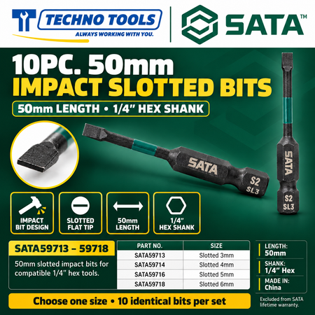 Shop SATA 59713-59718 10pc 1/4 inch hex shank impact bits, slotted 3mm to 6mm, 50mm long. Made in China.
