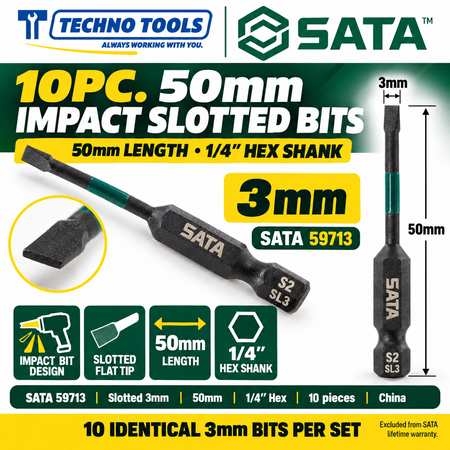 Shop SATA 59713-59718 10pc 1/4 inch hex shank impact bits, slotted 3mm to 6mm, 50mm long. Made in China.