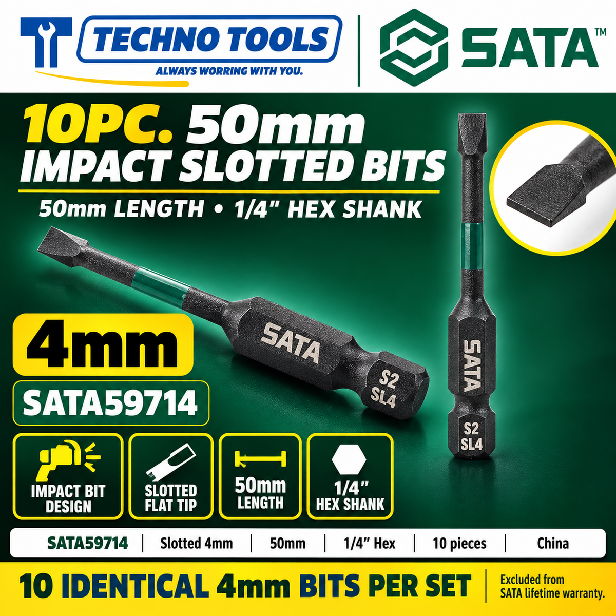Shop SATA 59713-59718 10pc 1/4 inch hex shank impact bits, slotted 3mm to 6mm, 50mm long. Made in China.