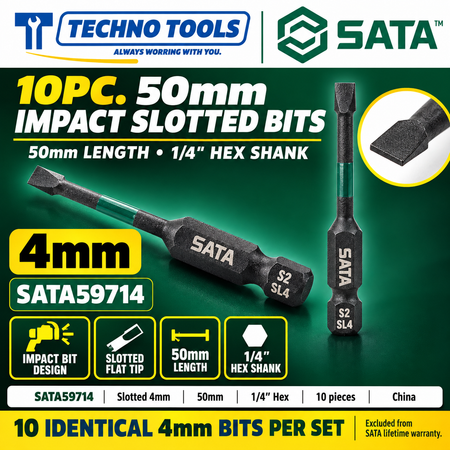 Shop SATA 59713-59718 10pc 1/4 inch hex shank impact bits, slotted 3mm to 6mm, 50mm long. Made in China.